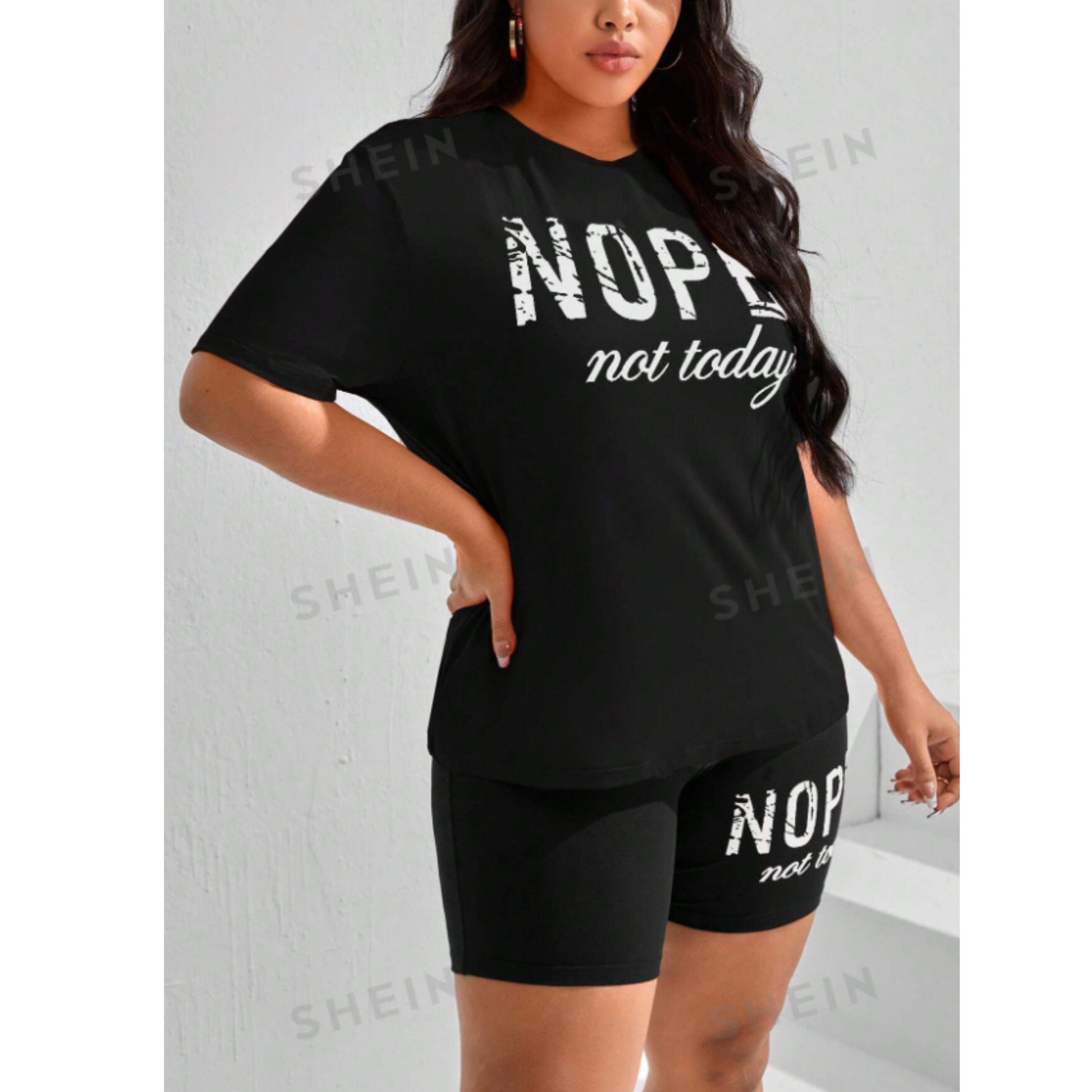 SHEIN Shein Women Sets XXXL / Black / 40 SHEIN - EZwear Plus Slogan Graphic Drop Shoulder Tee & Cycling Shorts