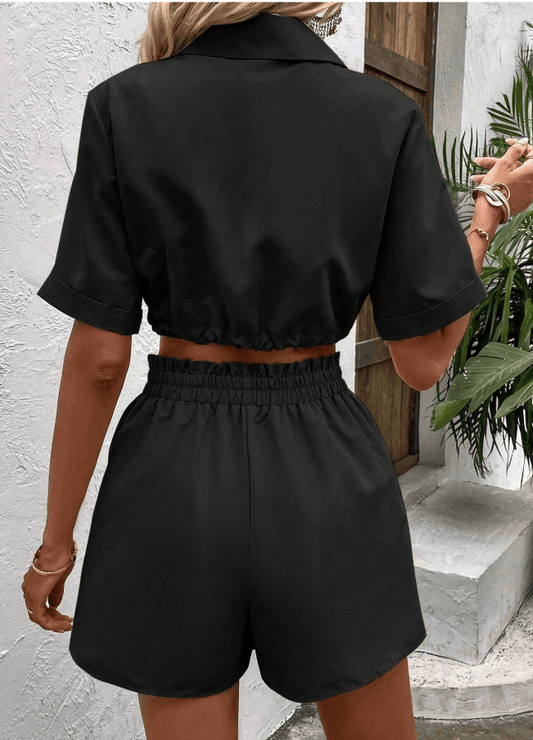 SHEIN Shein Women Sets L / Black SHEIN - Flap Pocket Blouse & Paper bag Waist Shorts