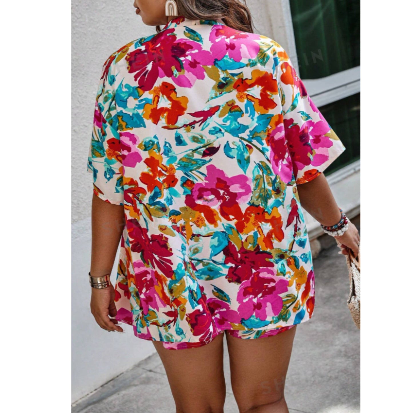 SHEIN Shein Women Sets XXL / Multi-Color / 36 SHEIN - Floral Print Open Front Blouse & Shorts Set