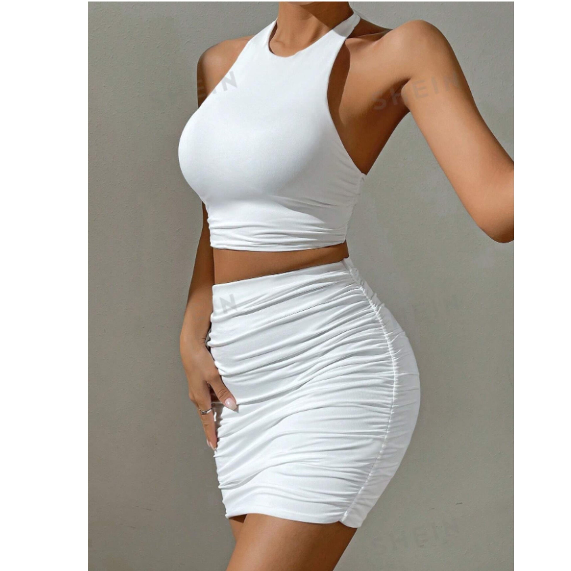 SHEIN Shein Women Sets M / White / 38 SHEIN - Halter Top & Ruched Bodycon Skirt Set