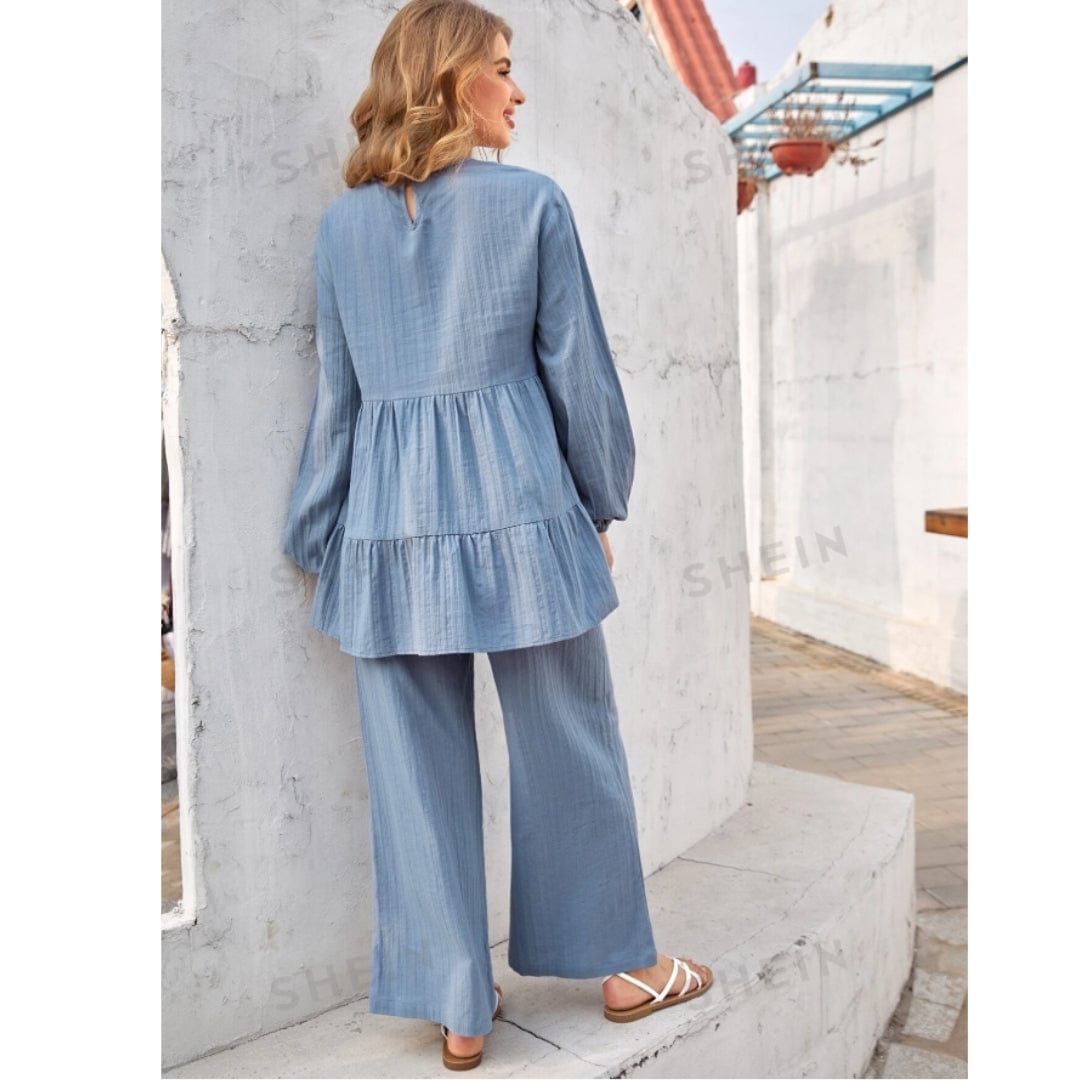 SHEIN Shein Women Sets XS / Blue SHEIN - Mulvari Pleated Lantern Sleeve Top and Palazzo Pants Set