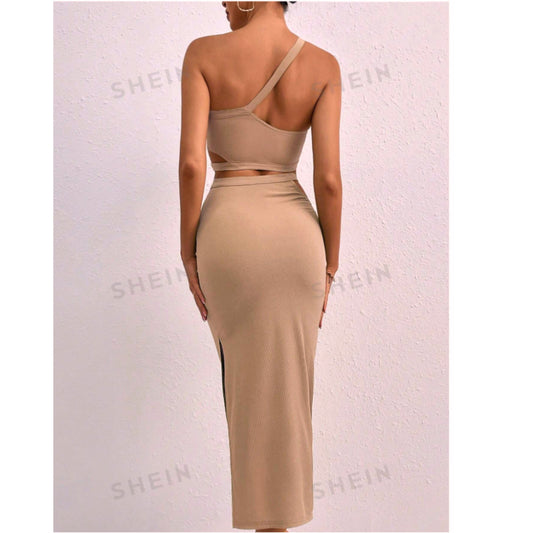 SHEIN Shein Women Sets S / Beige / 36 SHEIN - One Shoulder Crop Top & Split Thigh Skirt Set