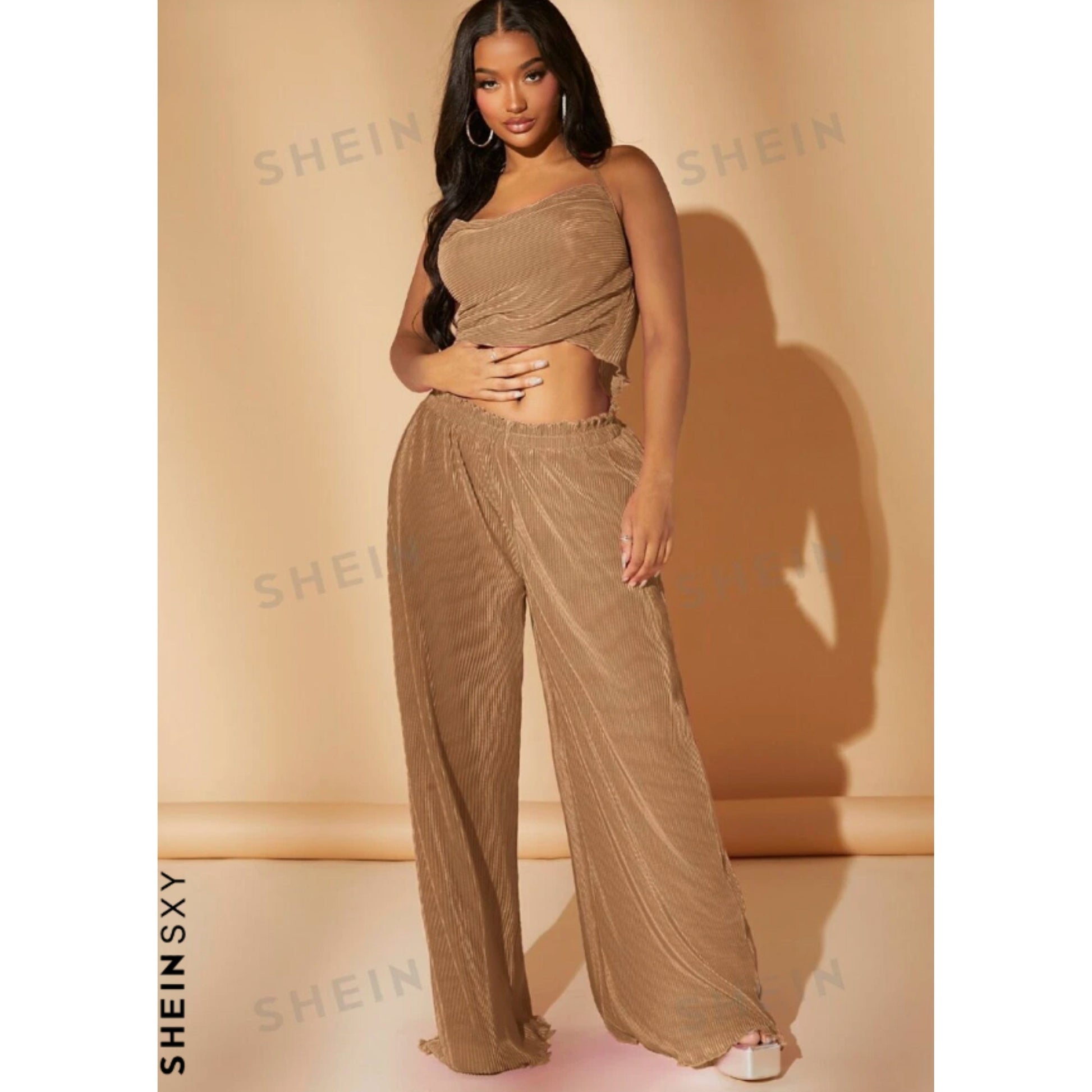 SHEIN Shein Women Sets L / Bronze / 40 SHEIN - Open Back Crop Halter Top & Wide Leg Extra Long Trousers Set