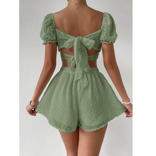 SHEIN Shein Women Sets S / Green SHEIN - Puff Sleeve Tie Back Crop top shorts set