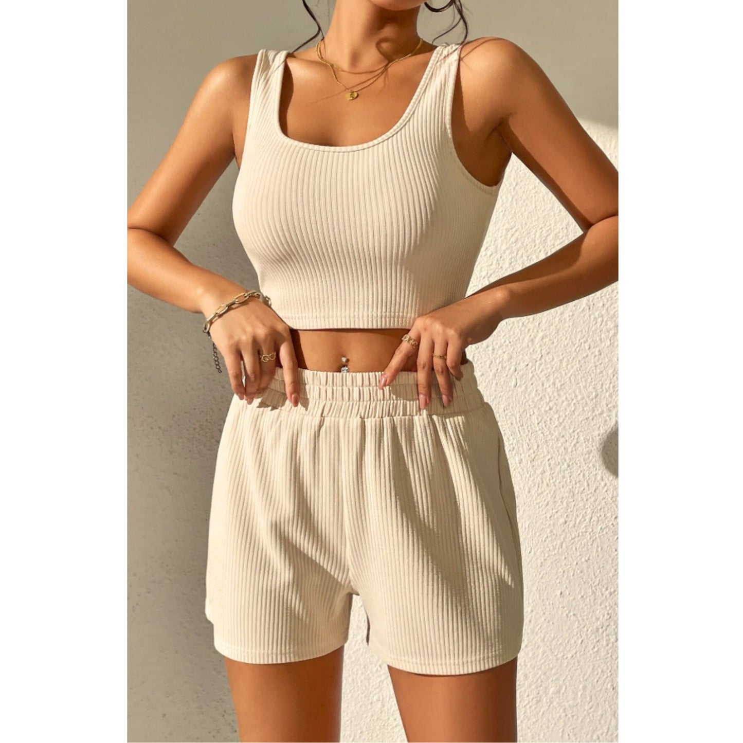 SHEIN Shein Women Sets Petite M / Beige / 28 SHEIN - Ribbed tank top shorts set