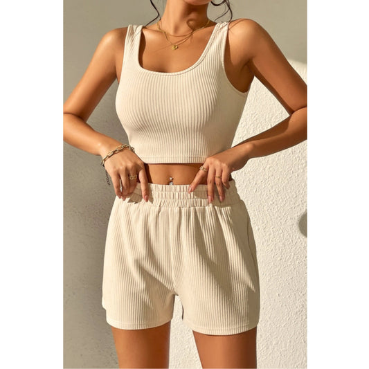 SHEIN Shein Women Sets Petite M / Beige / 28 SHEIN - Ribbed tank top shorts set