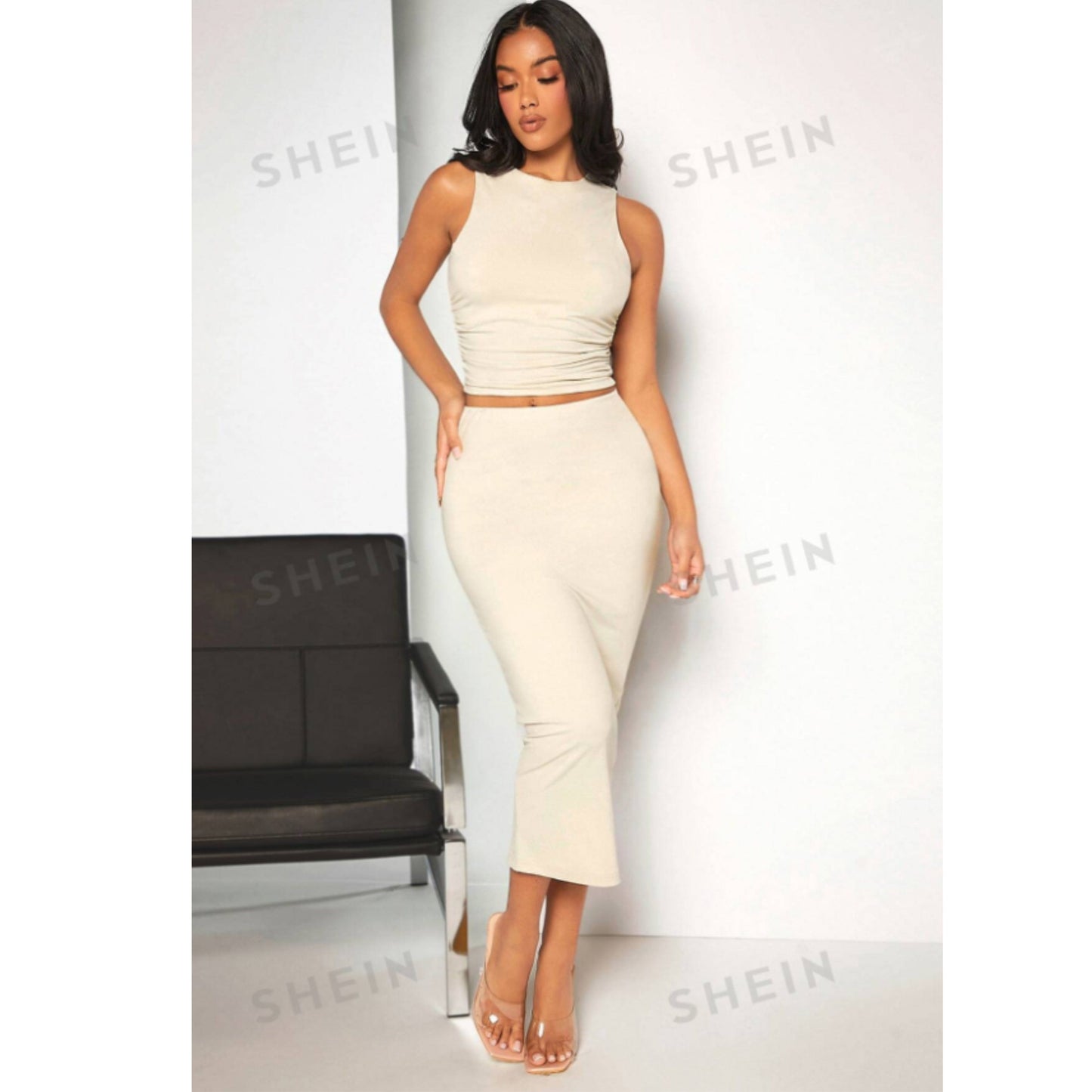 SHEIN Shein Women Sets S / Beige / 36 SHEIN -Ruched Tank Top & Pencil Skirt