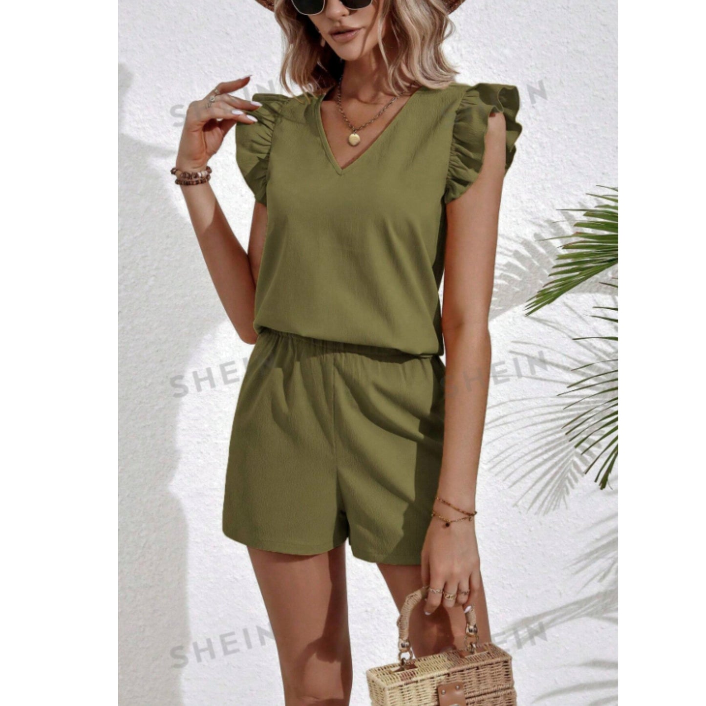 SHEIN Shein Women Sets S / Green / 36 SHEIN - Ruffle Trim Top & Shorts Set