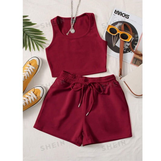 SHEIN Shein Women Sets S / Burgundy / 36 SHEIN - Scoop Neck Tank Top and Track Shorts sets