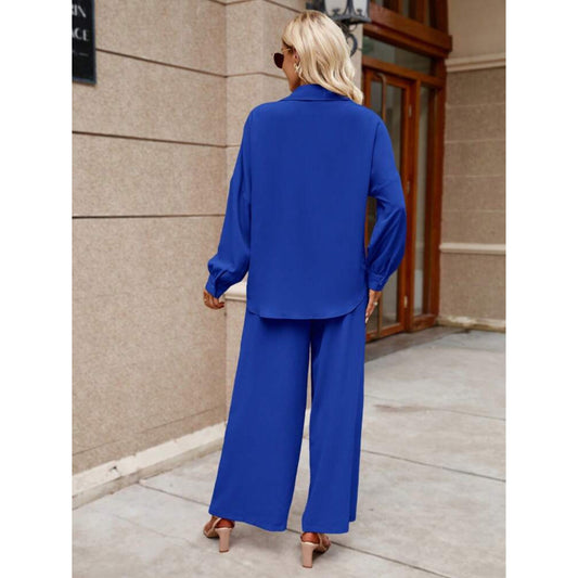 SHEIN Shein Women Sets M / Blue SHEIN - Solid Button Front Shirt & Wide Leg Pants Set