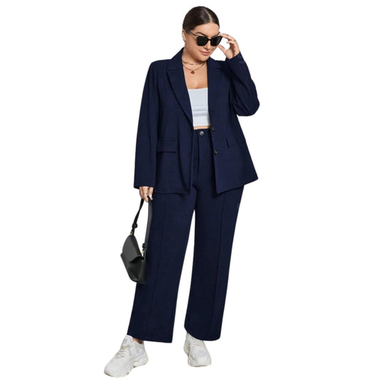 SHEIN Shein Women Sets L / Navy / 40-42 SHEIN -  Solid Color Basic Long Sleeve Blazer And Pants Suit