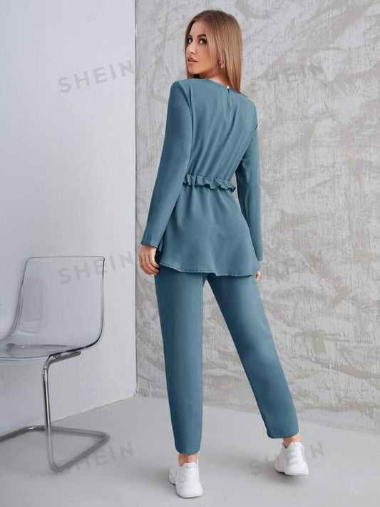 SHEIN Shein Women Sets S / Blue SHEIN - Solid Ruffle Trim Knot Top & Straight Leg Pants