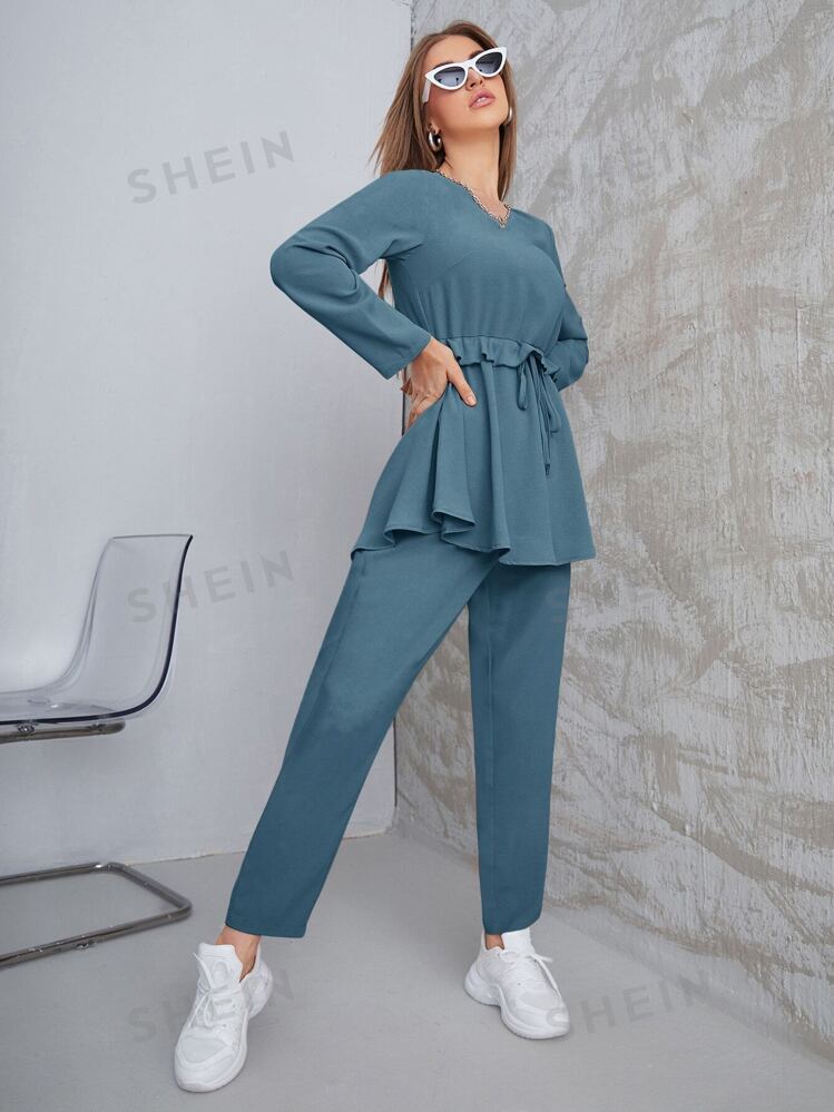 SHEIN Shein Women Sets S / Blue SHEIN - Solid Ruffle Trim Knot Top & Straight Leg Pants