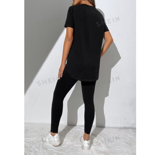 SHEIN Shein Women Sets S / Black / 36 SHEIN - Split Side Tee & Leggings Set