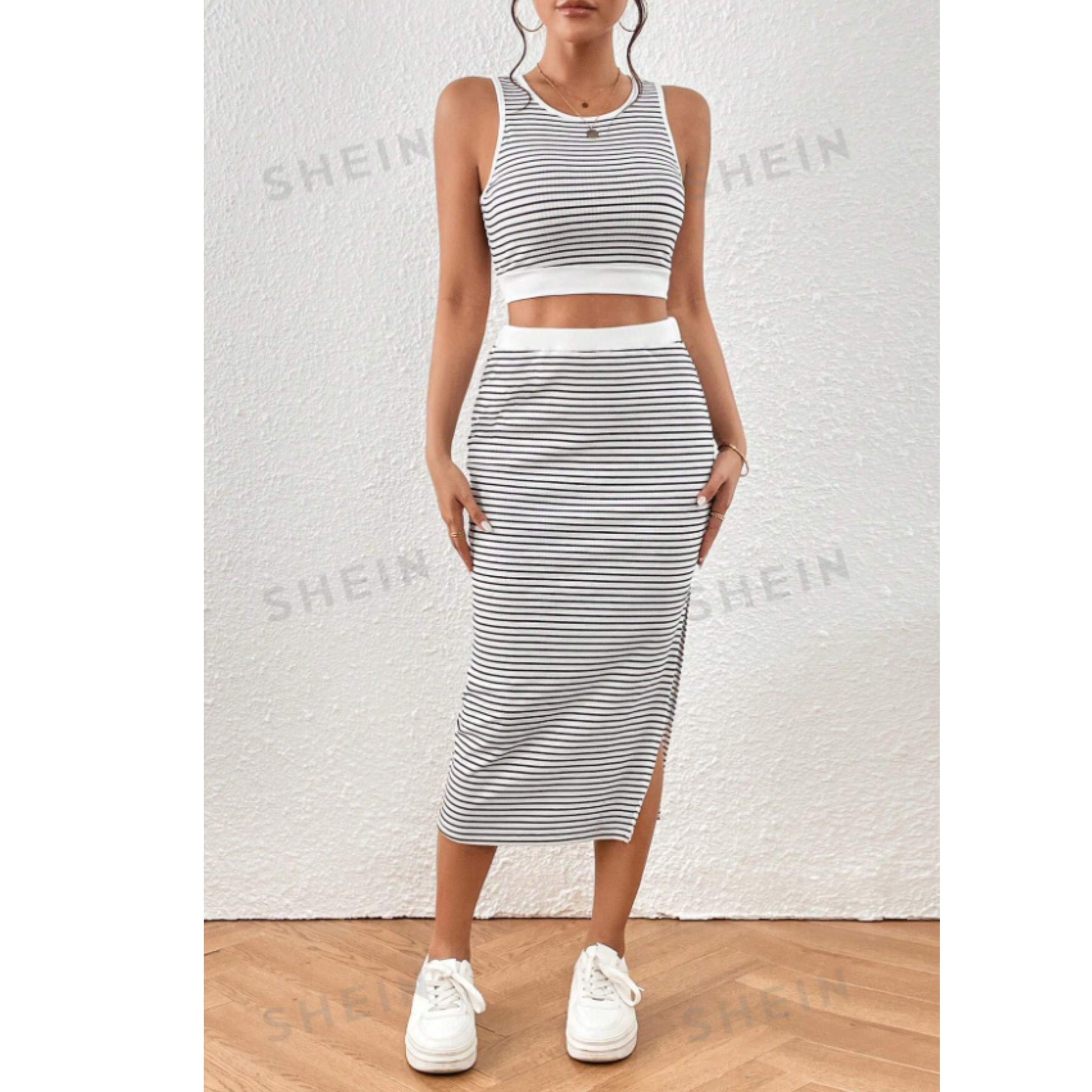 SHEIN Shein Women Sets S / Multi-Color / 36 SHEIN - Striped Tank Top & Split Thigh Skirt Set