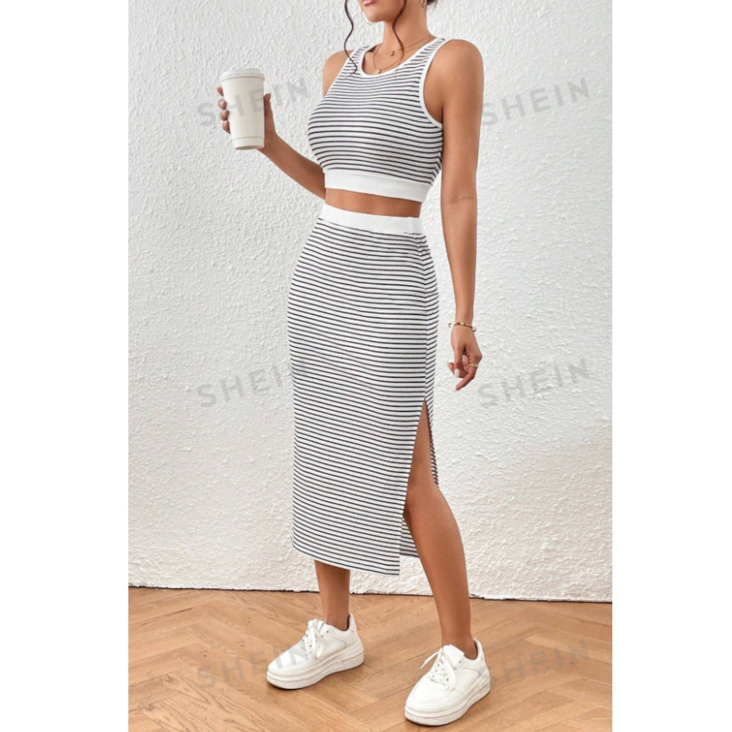 SHEIN Shein Women Sets S / Multi-Color / 36 SHEIN - Striped Tank Top & Split Thigh Skirt Set