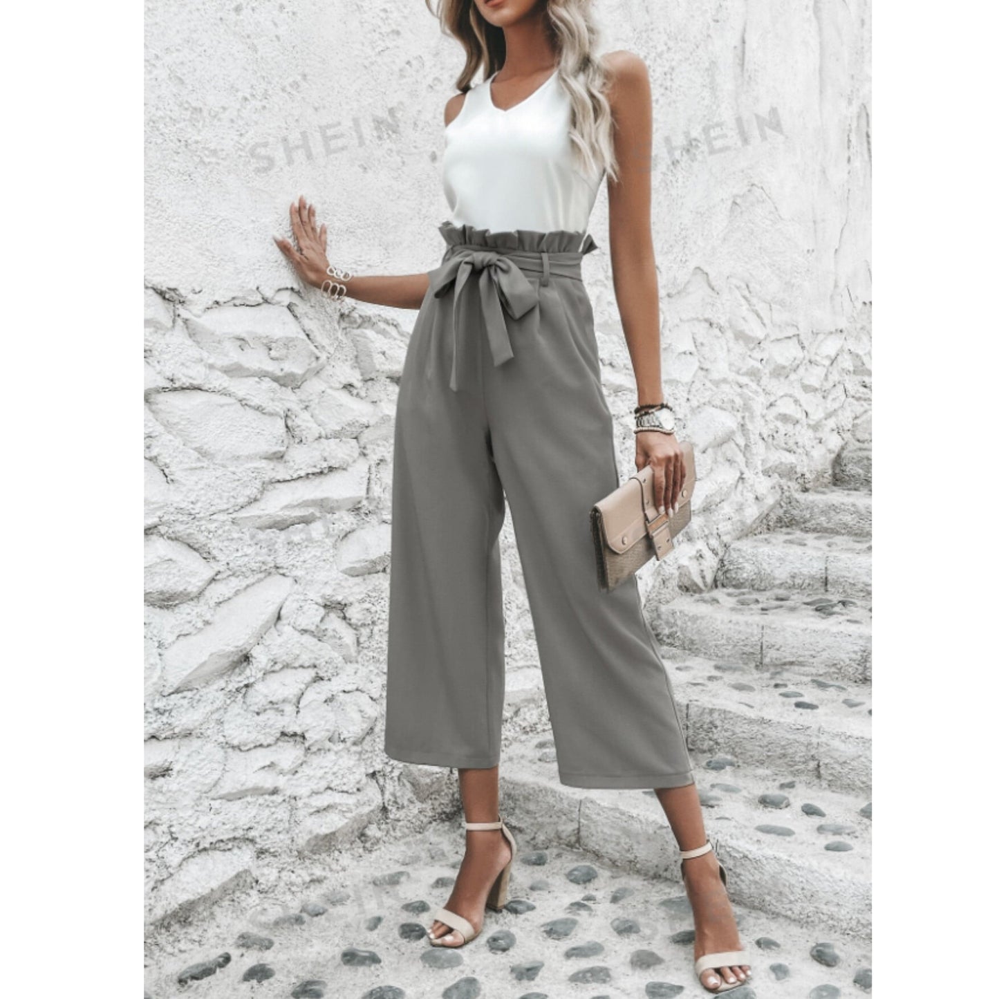 SHEIN Shein Women Sets S / Multi-Color / 26 SHEIN - Tank Top & Paperbag Waist Belted Trousers Set