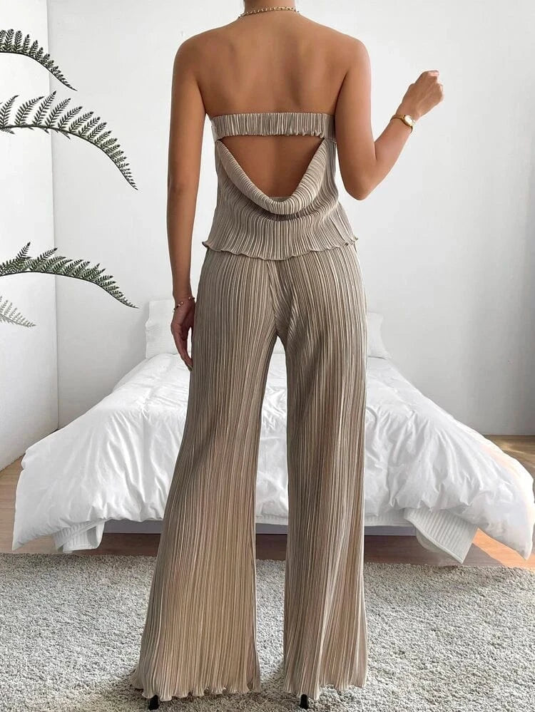SHEIN Shein Women Sets XS / Beige SHEIN -  Tarsha Whitmore SHEIN Privé Solid Backless Tube Top & Wide Leg Pants