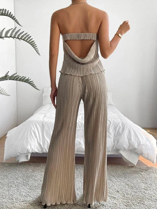 SHEIN Shein Women Sets XS / Beige SHEIN -  Tarsha Whitmore SHEIN Privé Solid Backless Tube Top & Wide Leg Pants
