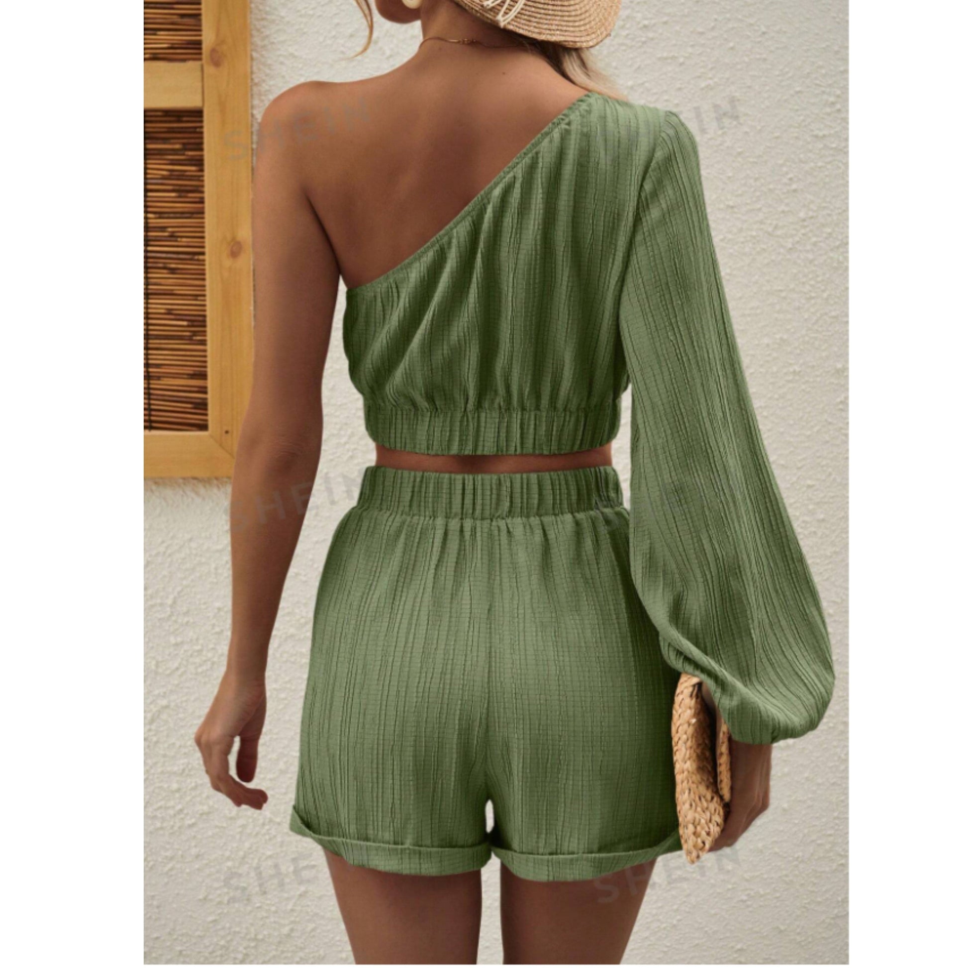 SHEIN Shein Women Sets L / Green / 40 SHEIN - Textured Open Shoulder Tops and shorts set