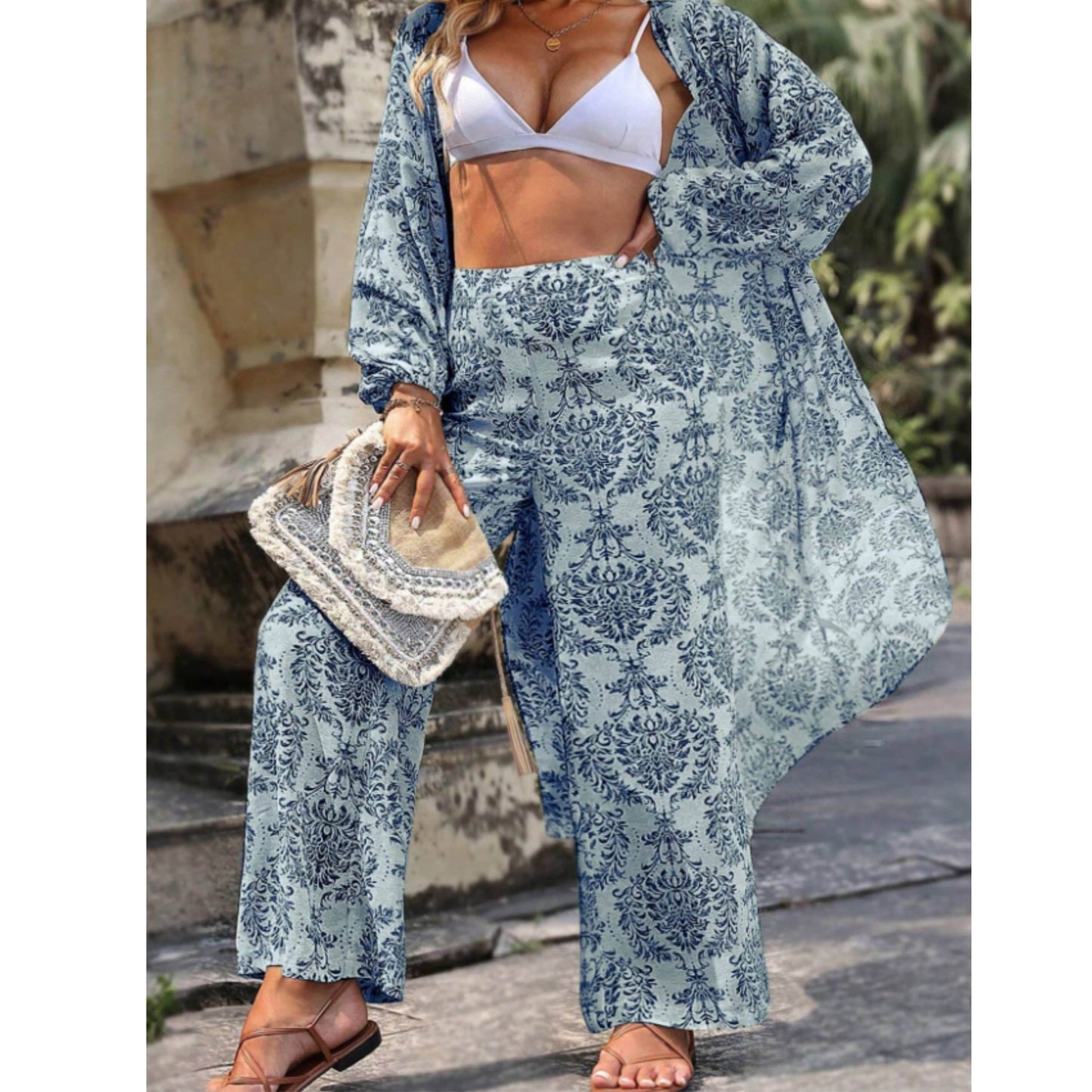 SHEIN Shein Women Sets S / Multi-Color SHEIN - Vintage Style Printed cardigan And Pants Set