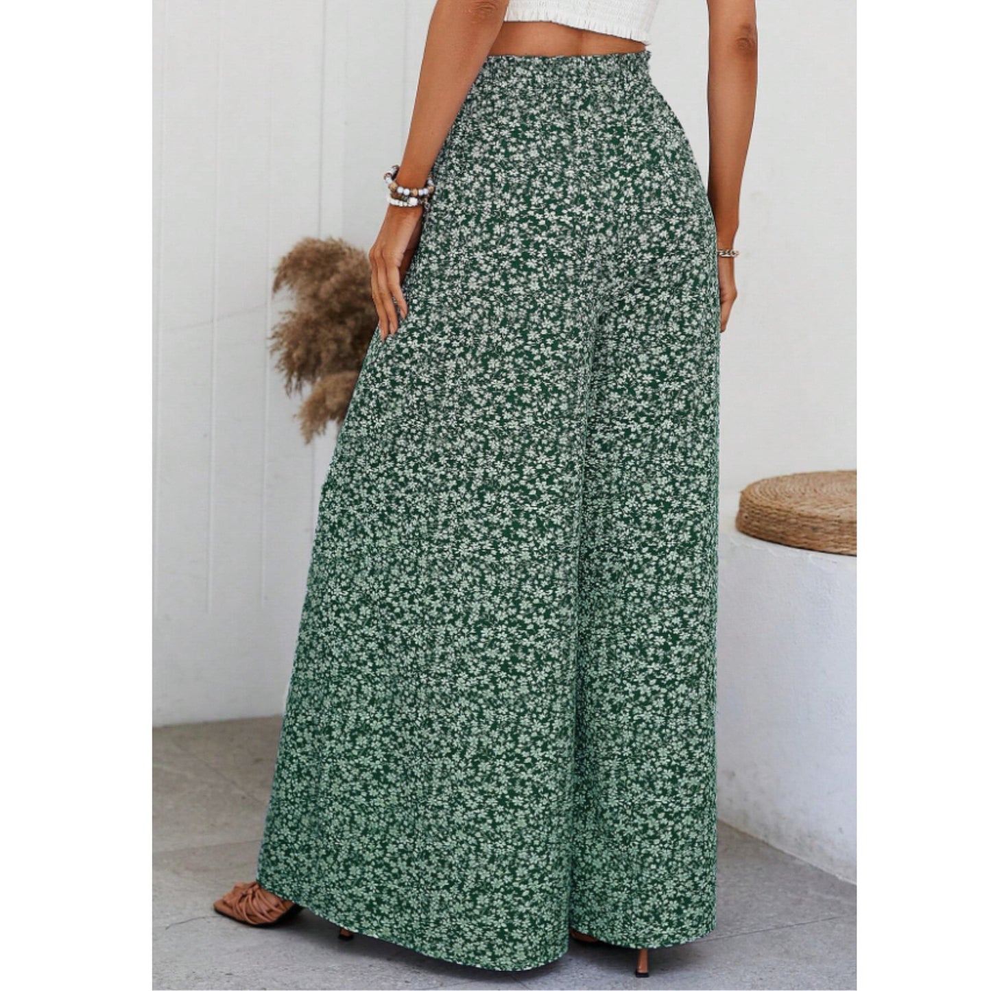 SHEIN Shein Womens Bottoms S / Green / 36 SHEIN - Ditsy Floral Print Tie Front Wide Leg Pants