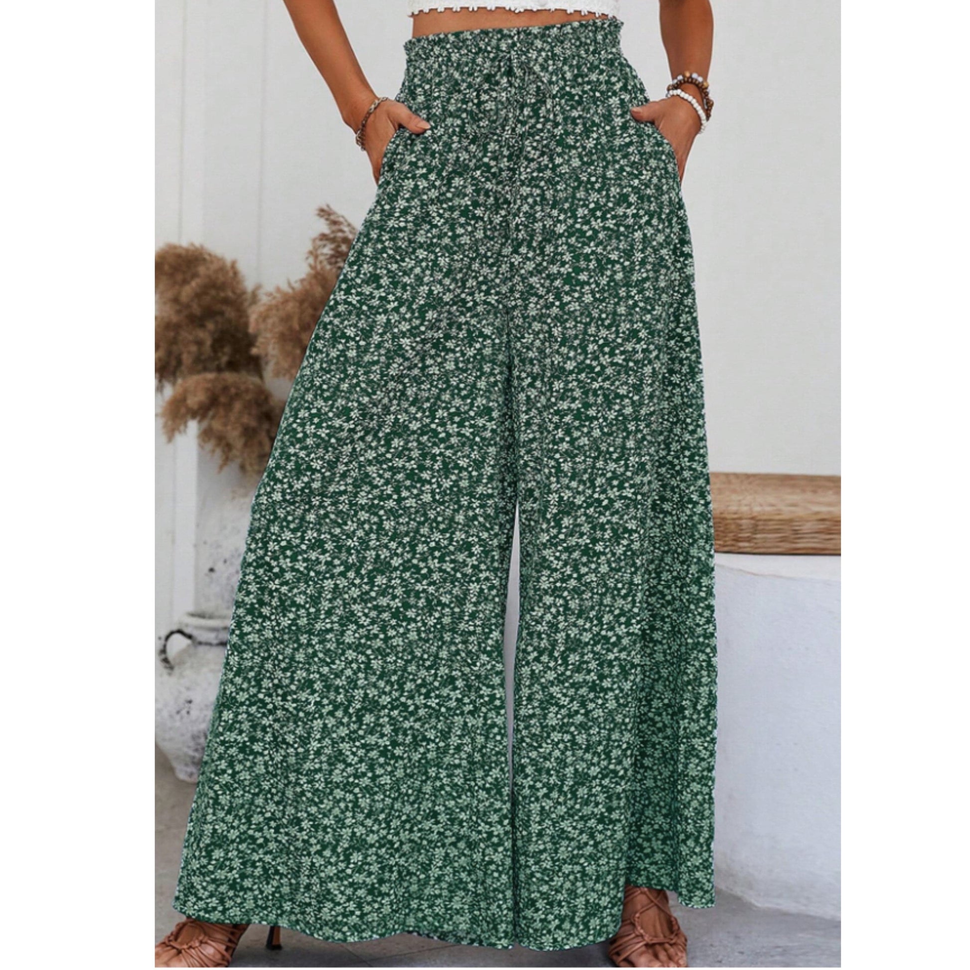 SHEIN Shein Womens Bottoms S / Green / 36 SHEIN - Ditsy Floral Print Tie Front Wide Leg Pants