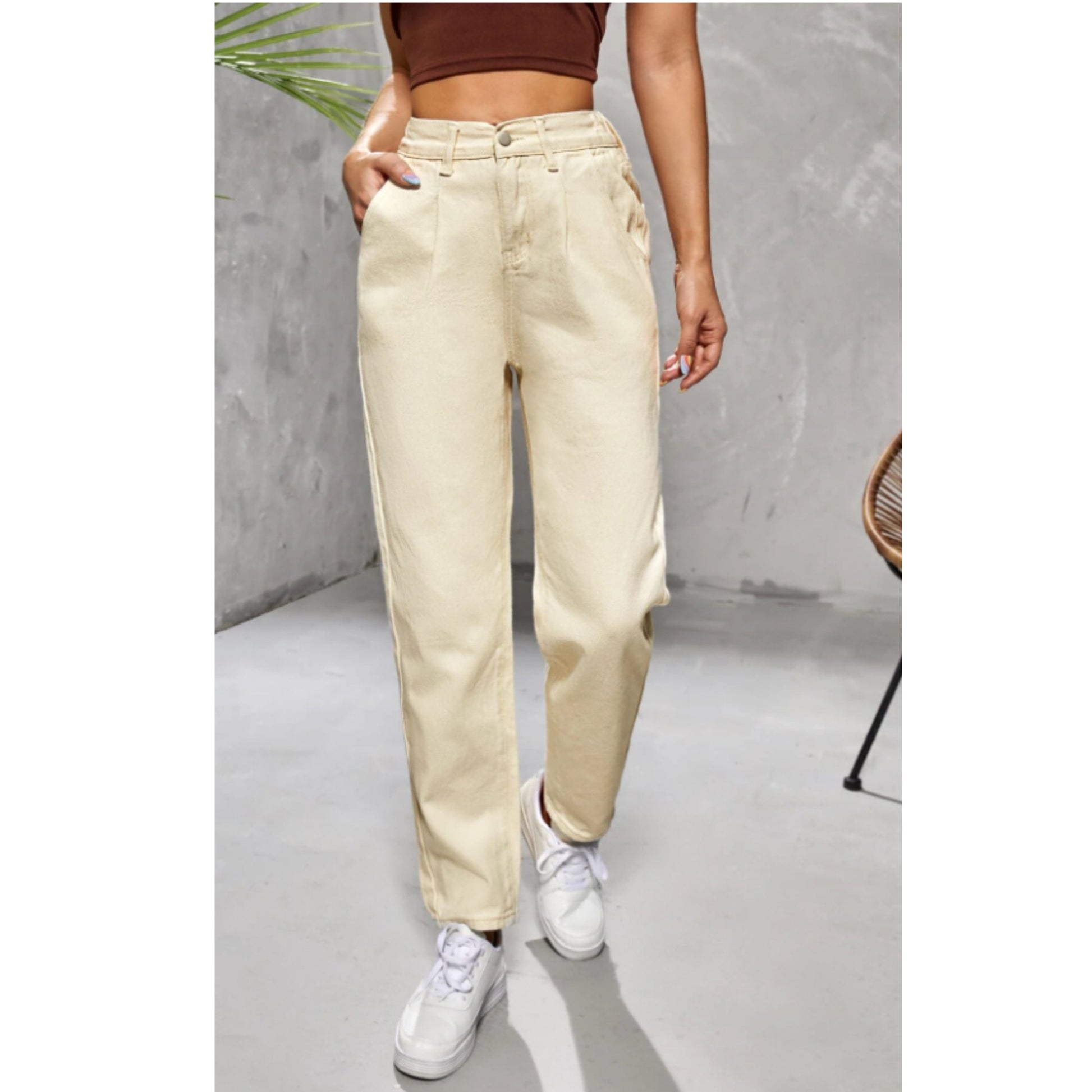 SHEIN Shein Womens Bottoms M / Beige / 38 SHEIN - Elastic waistband denim pants