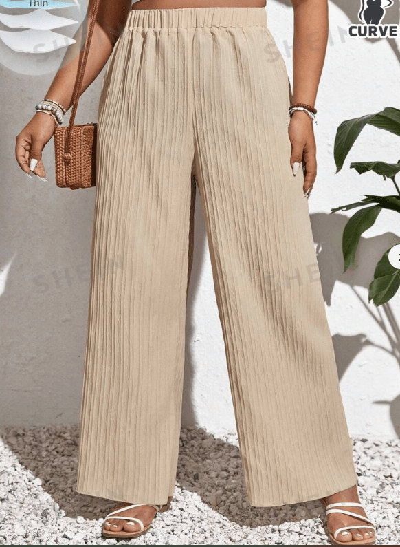 SHEIN Shein Womens Bottoms XXXXL / Beige / 44 SHEIN - Frenchy Plus Solid Plisse Wide Leg Pant