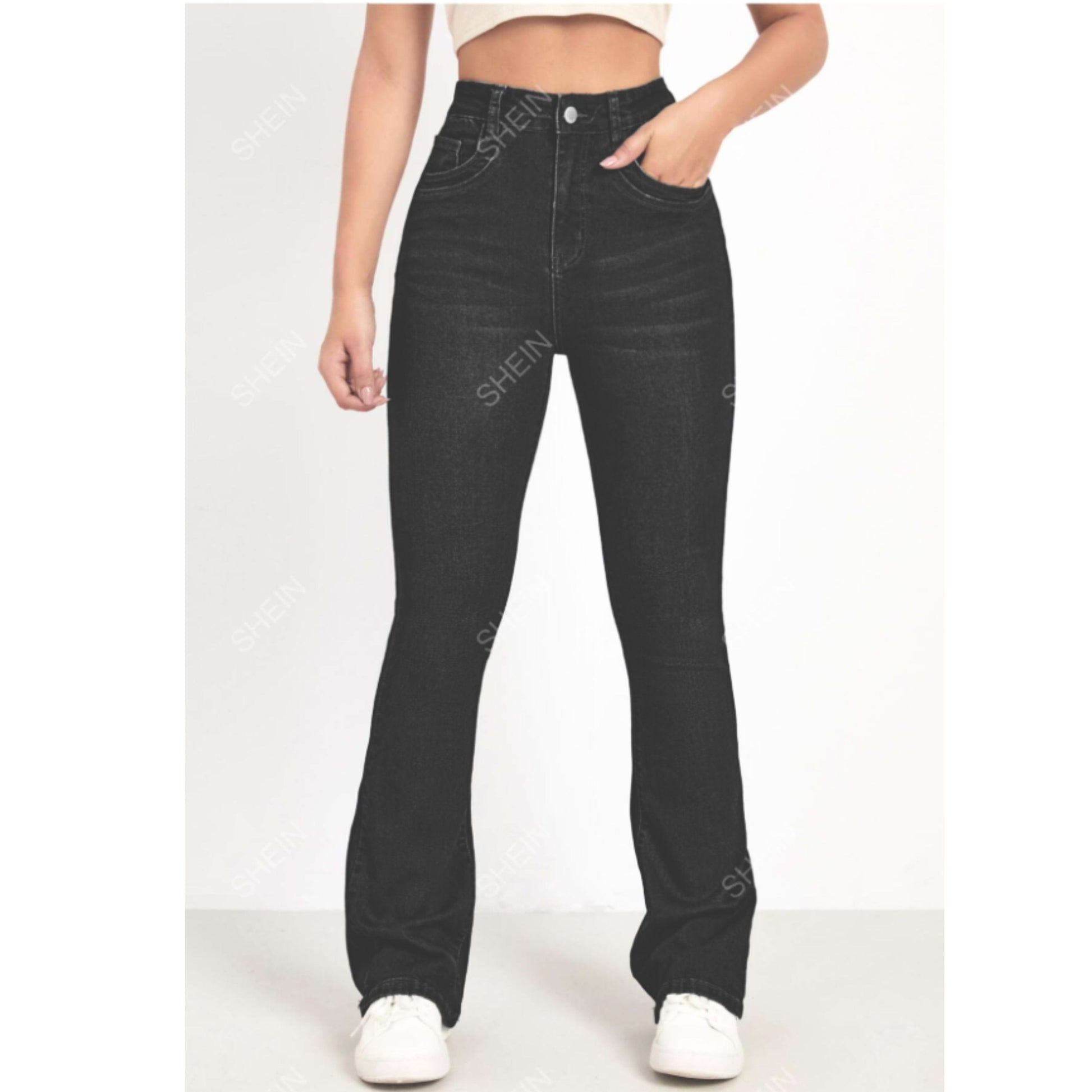 SHEIN Shein Womens Bottoms L / Black / 40 SHEIN - High Waist Bleach Wash Flare Leg Jeans Denim