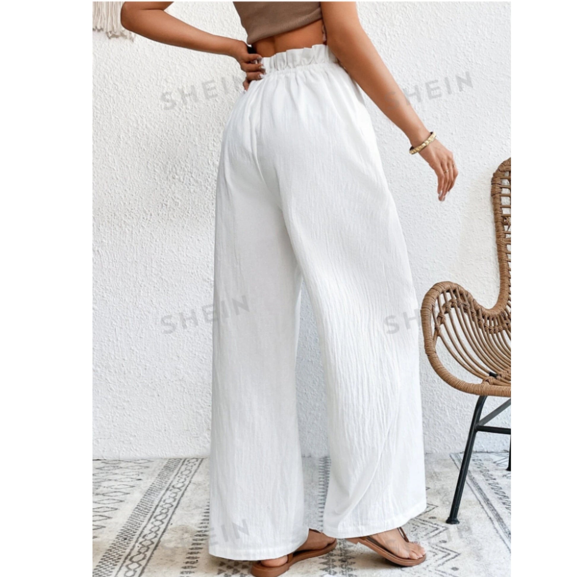 SHEIN Shein Womens Bottoms XS / White / 34 SHEIN - High Waist Drawstring Wide Leg Pants