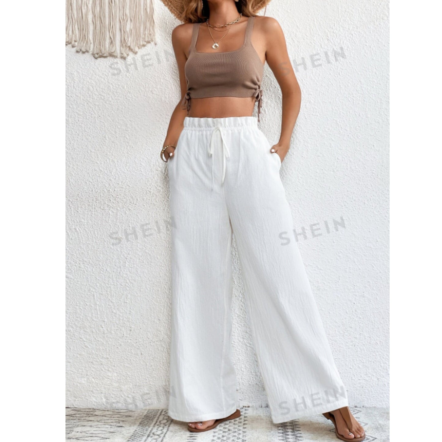 SHEIN Shein Womens Bottoms XS / White / 34 SHEIN - High Waist Drawstring Wide Leg Pants