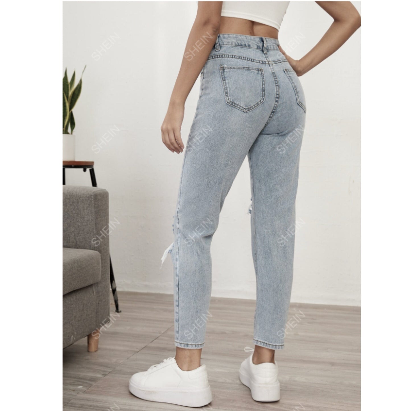 SHEIN Shein Womens Bottoms XS / Light blue / 34 SHEIN - High Waist Ripped Jeans Denim