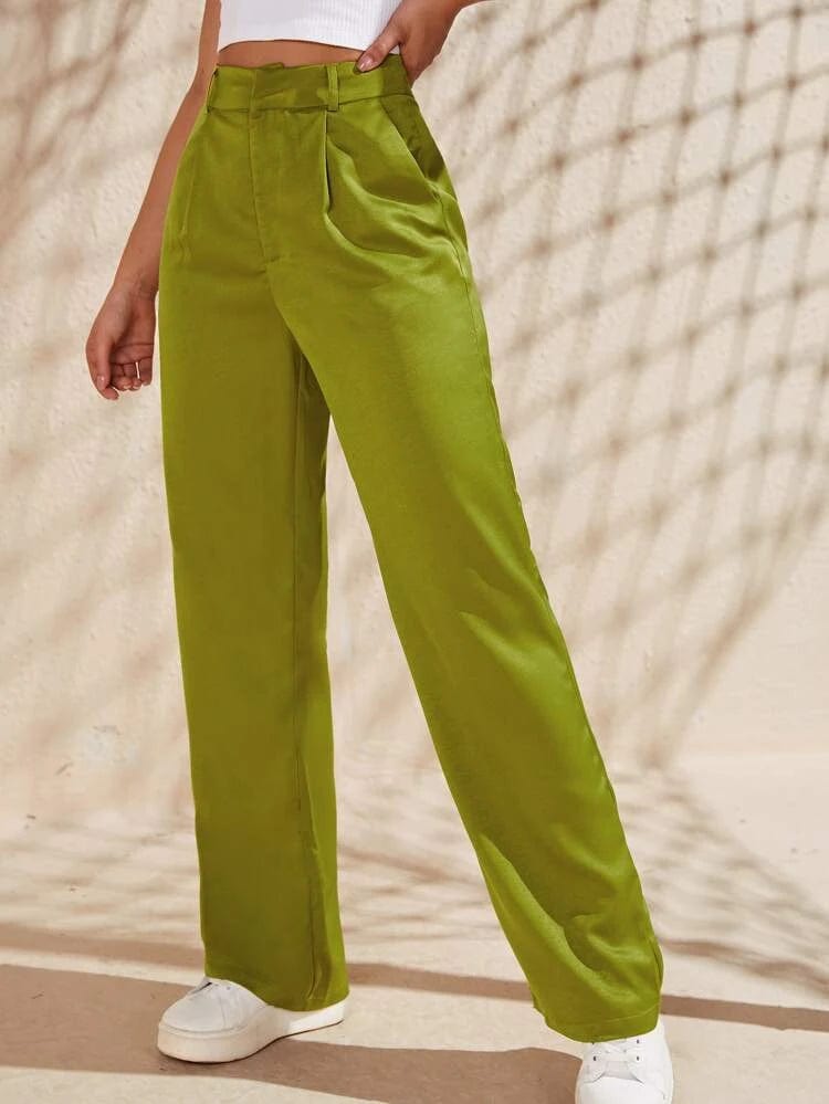 SHEIN Shein Womens Bottoms S / Green / 26-27 SHEIN - High Waist Slant Pockets Satin Pants