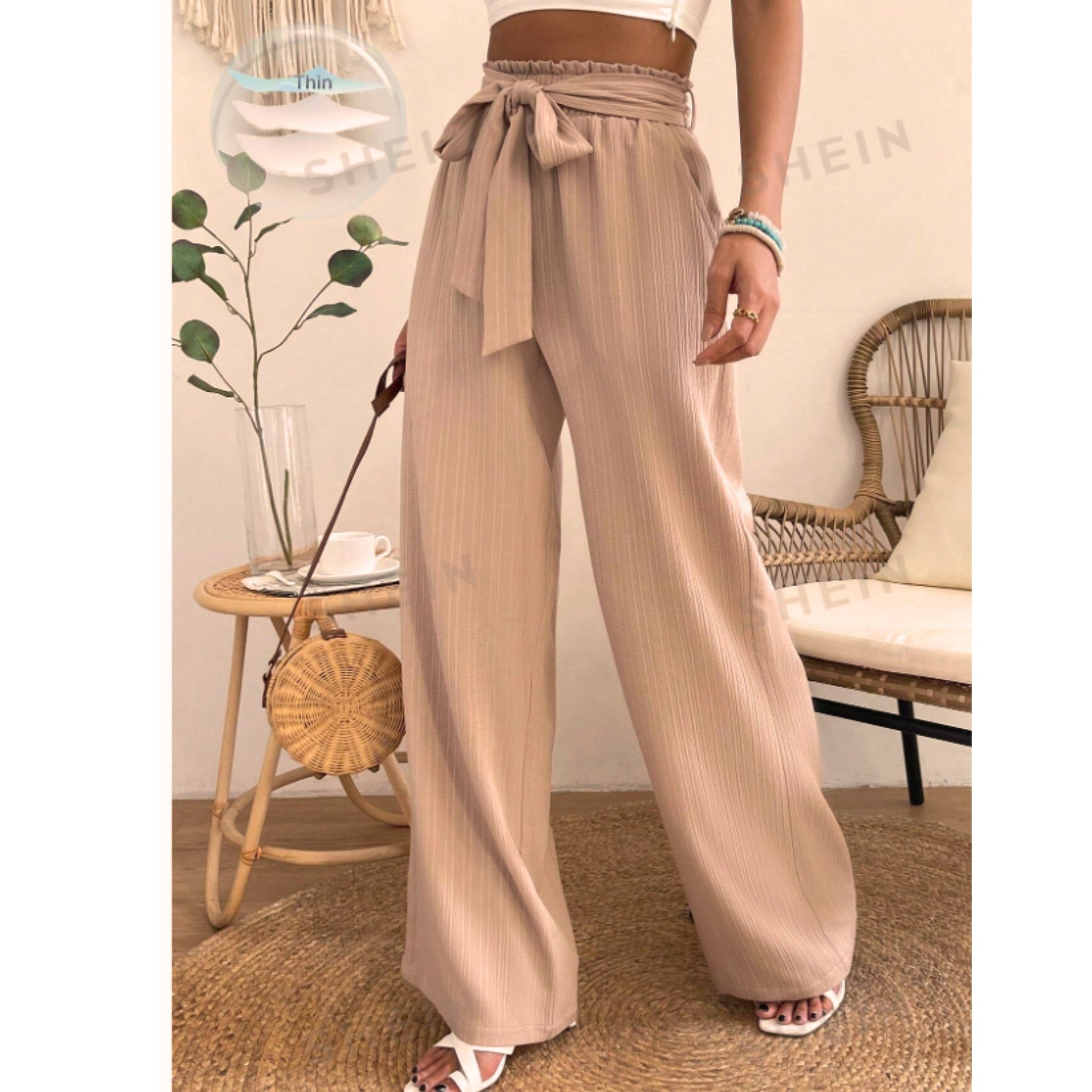 SHEIN Shein Womens Bottoms L / Beige / 40 SHEIN - Paperbag Waist Belted Wide Leg pants