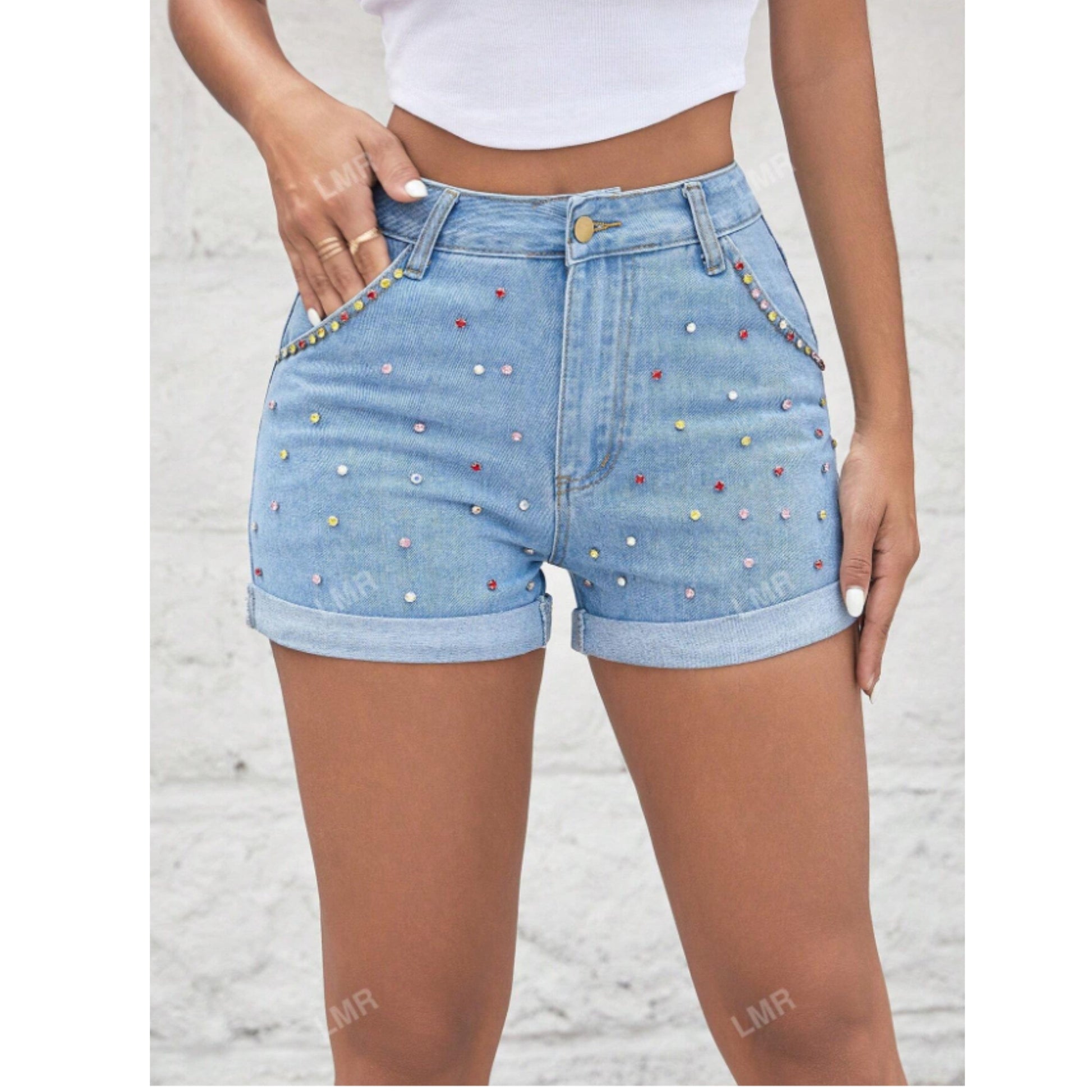 SHEIN Shein Womens Bottoms L / Blue SHEIN - Rhinestone Detail Roll Hem Shorts