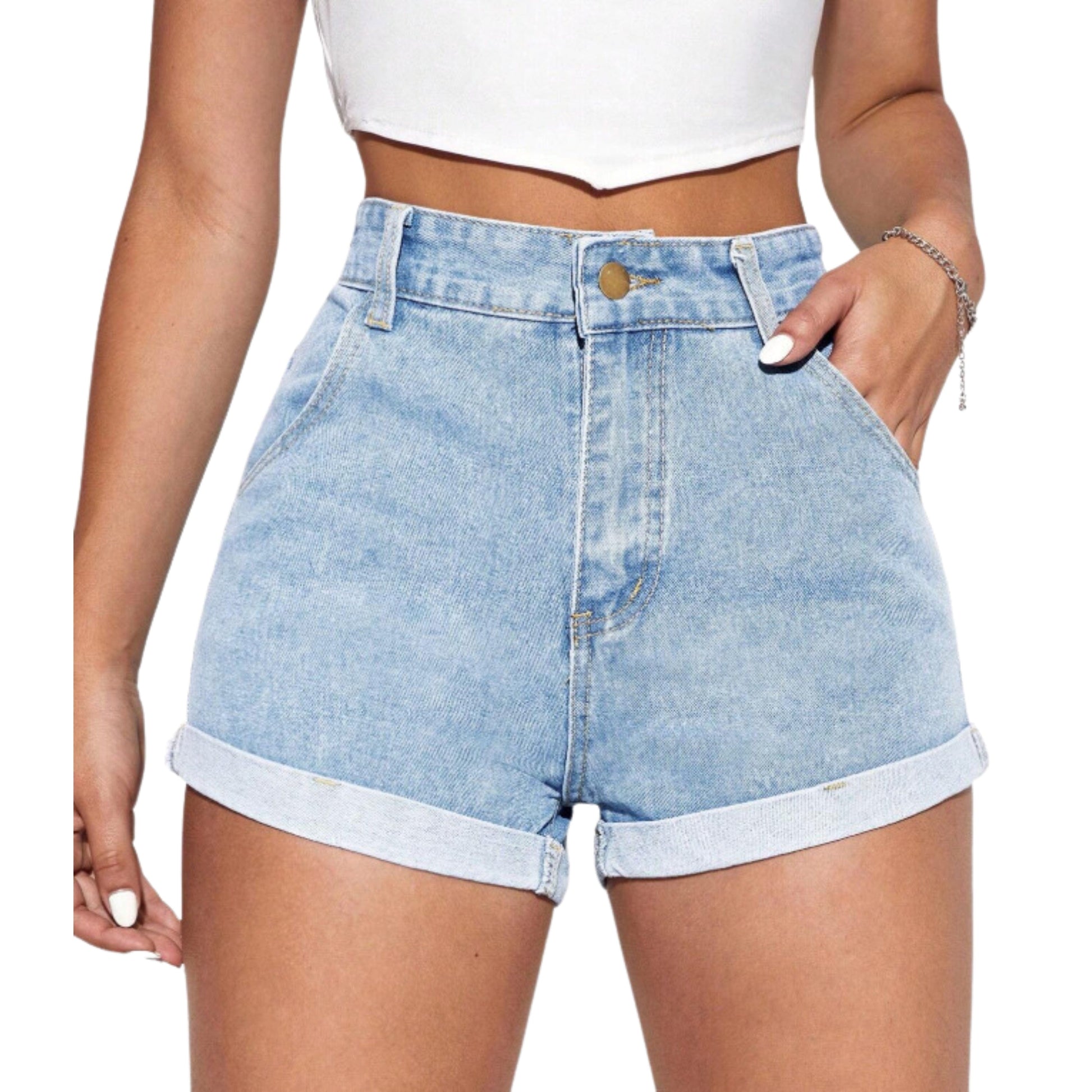 SHEIN Shein Womens Bottoms Petite S / Blue SHEIN -  Rolled Hem Denim Shorts