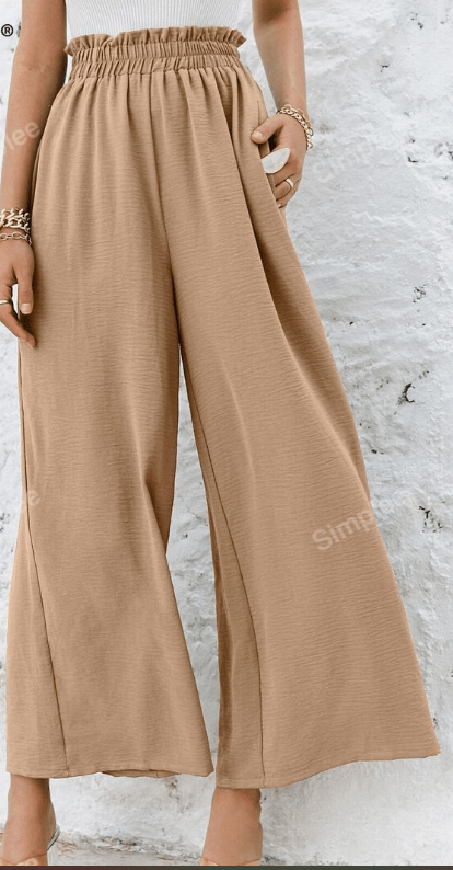 SHEIN Shein Womens Bottoms M / Beige / 38 SHEIN - Simplee Wide Leg Elastic Waist Frilled Trousers Without Belt