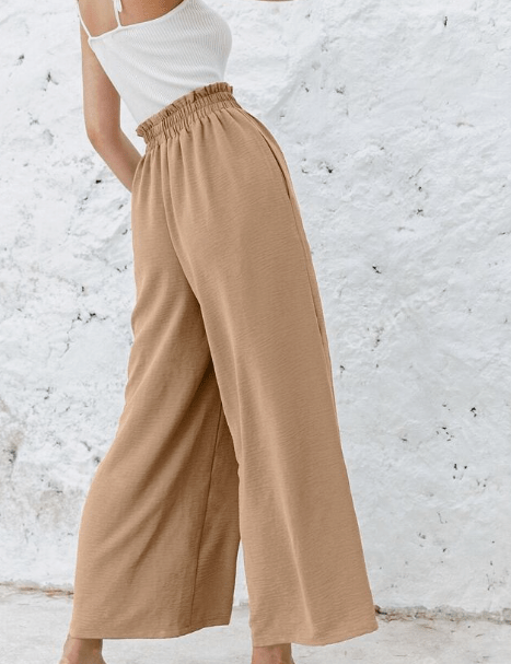 SHEIN Shein Womens Bottoms M / Beige / 38 SHEIN - Simplee Wide Leg Elastic Waist Frilled Trousers Without Belt