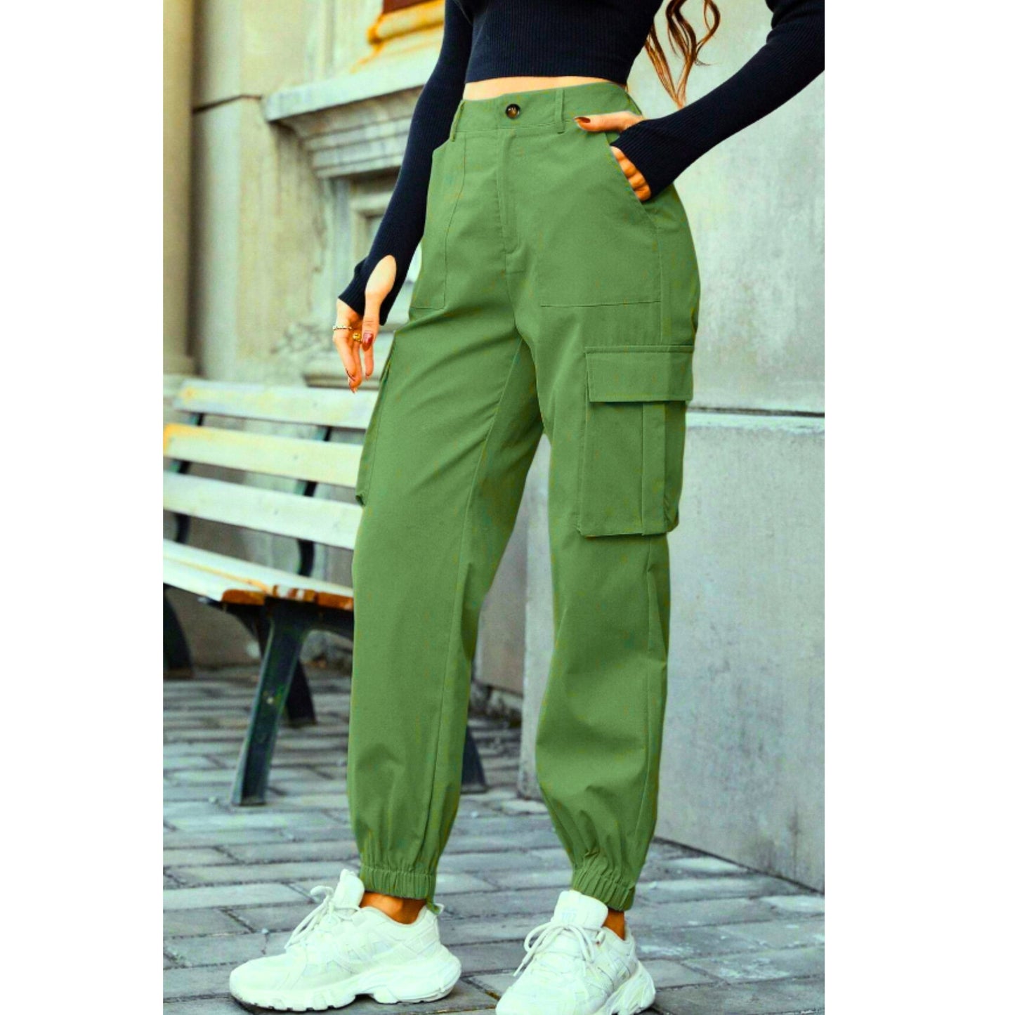 SHEIN Shein Womens Bottoms M / Green / 28-29 SHEIN - Solid Flap Pocket Cargo Pants