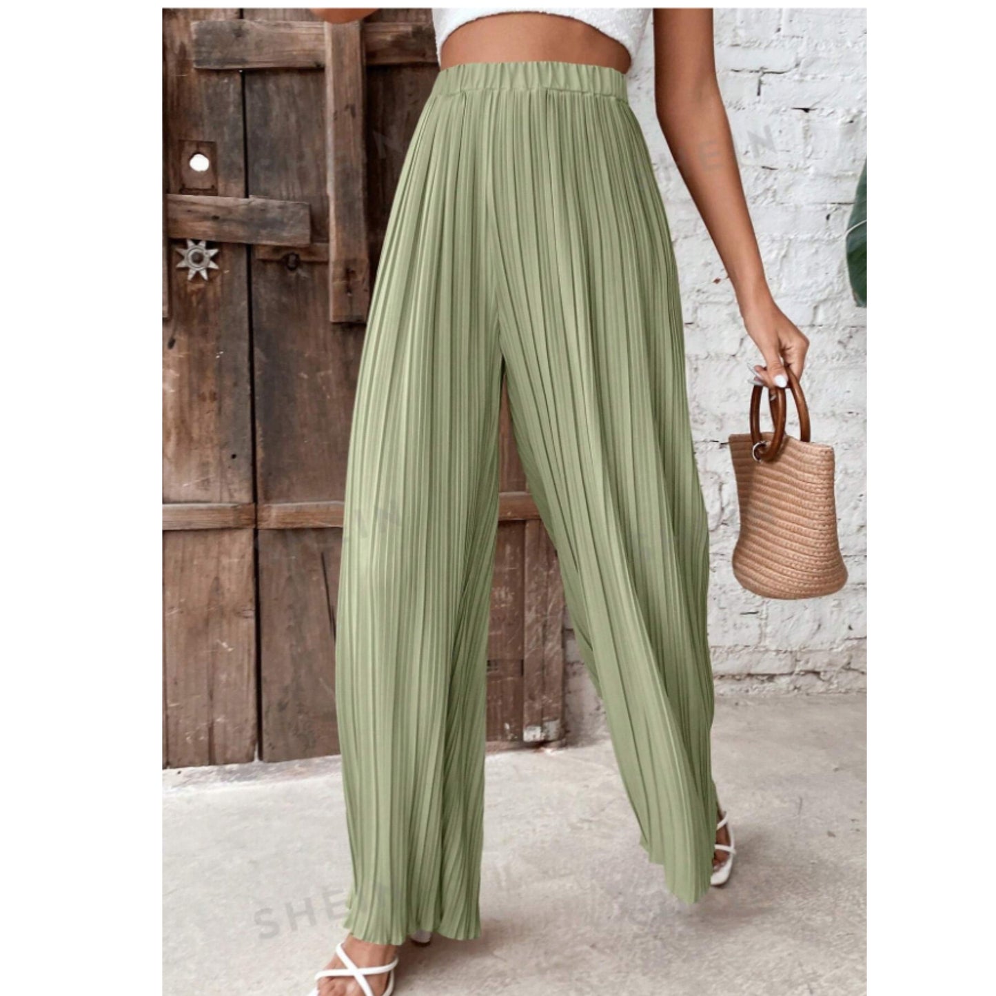 SHEIN Shein Womens Bottoms L / Green / 40 SHEIN - Solid Plisse Wide Leg Pants