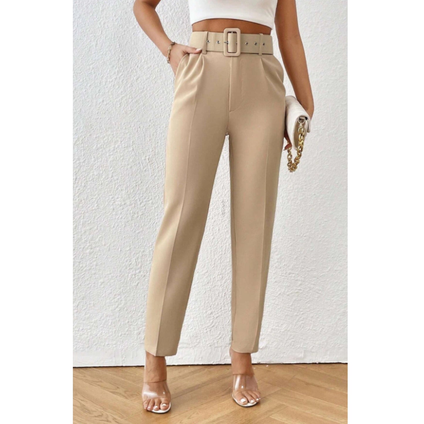 SHEIN Shein Womens Bottoms M / Beige / 28 SHEIN - Straight leg belted pants