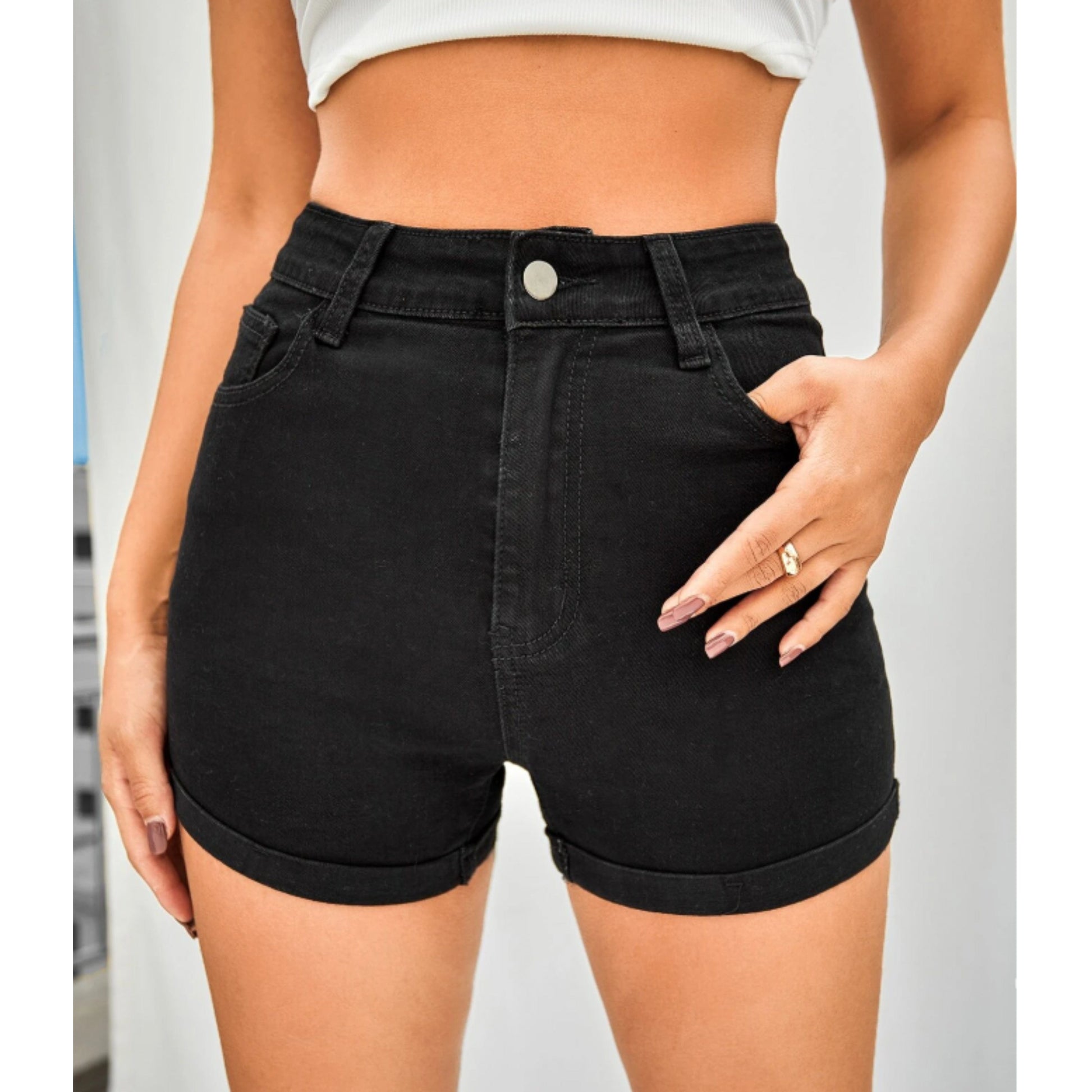 SHEIN Shein Womens Bottoms Tall M / Black SHEIN - Wash Cuffed Denim Shorts