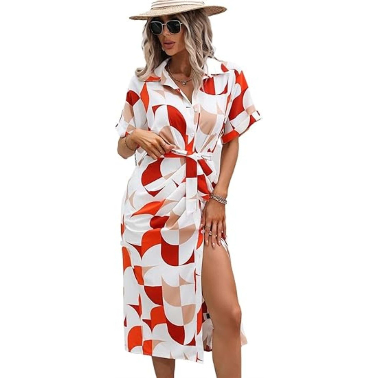 SHEIN Shein Womens Dress XL / Multi-Color SHEIN - Batwing Sleeve Belted Shirt Midi Dress