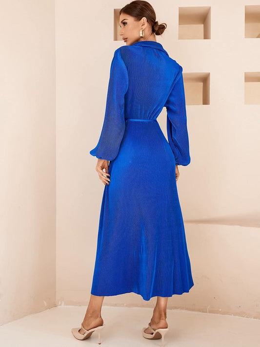 SHEIN Shein Womens Dress S / Blue SHEIN - Button Up Bishop Sleeve Belted Shirt Midi Dress