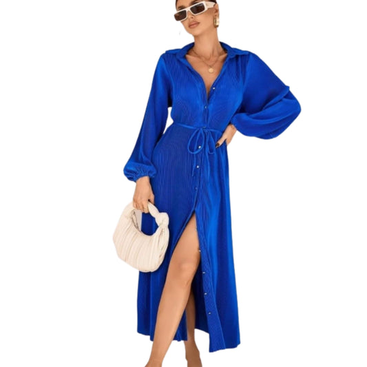 SHEIN Shein Womens Dress S / Blue SHEIN - Button Up Bishop Sleeve Belted Shirt Midi Dress