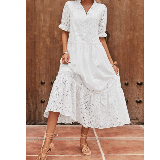 SHEIN Shein Womens Dress XL / White SHEIN - Embroidered Puff Sleeve Ruffle Hem Smock Dress
