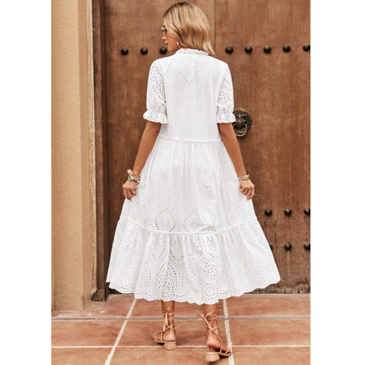 SHEIN Shein Womens Dress XL / White SHEIN - Embroidered Puff Sleeve Ruffle Hem Smock Dress