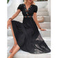 SHEIN Shein Womens Dress M / Black SHEIN - Floral Embroidered Puff Sleeve Ruffle Hem Dress