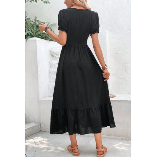 SHEIN Shein Womens Dress M / Black SHEIN - Floral Embroidered Puff Sleeve Ruffle Hem Dress